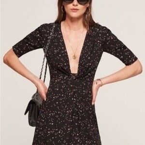 Reformation Black Floral Twist-Front Midi Dress